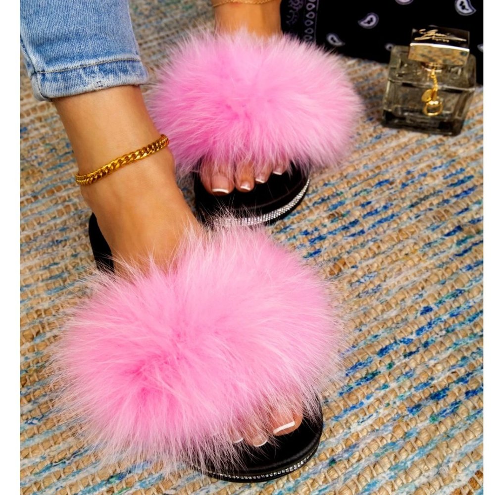 Pink Jeweled Lined Faux Fur Slides